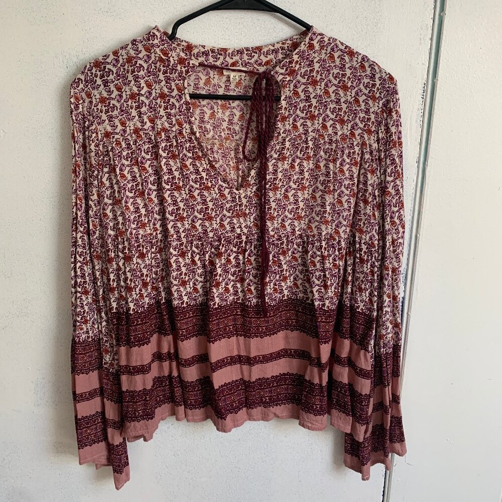 En Creme Womens Top Size M Cream Purple Floral 3/4 Sleeve Boho Peasant Blouse